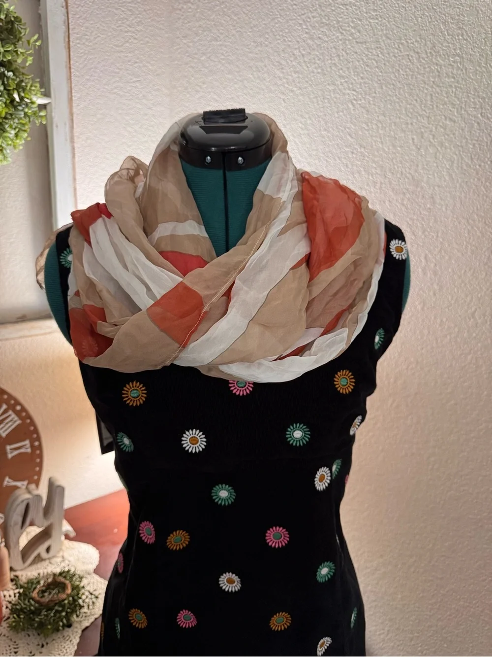NWT M&S Collection Pure Silk Abstract Scarf Wrap Beige Coral
